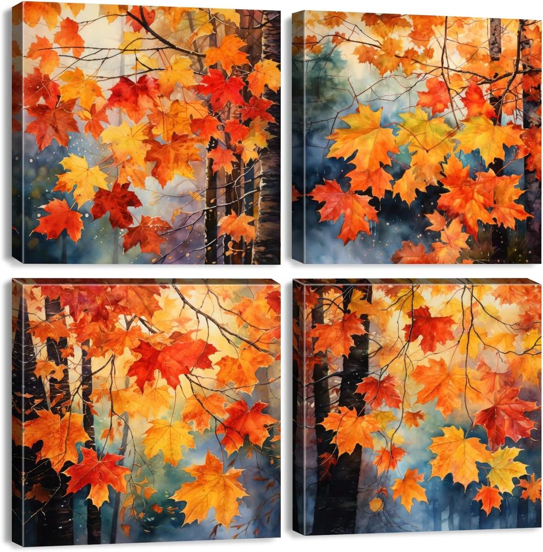 Maple Leaf Wall Art Living Room Country Botanical Pictures Aesthetic Watercolor Red Yellow Plant Leaves Canvas Prints Artwork Burnt Orange Forest Painting for Bedroom Kitchen Home Decoration 12x12 4P