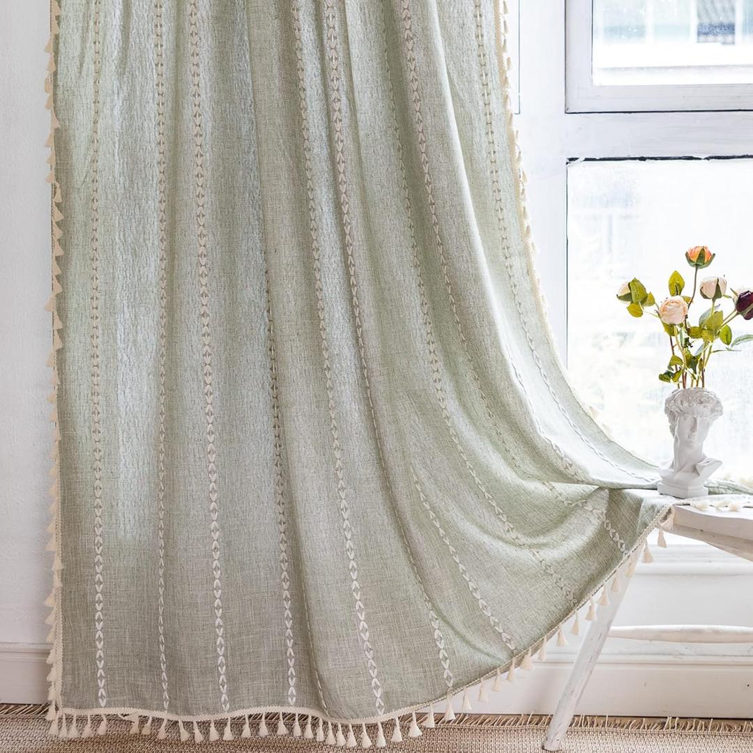 RoomTalks Sage Green Boho Farmhouse Curtains for Bedroom Living Room 84 Inch Length French Country Spring Cute Textured Window Curtain Panels Striped Bohemian Chic Tassel Draperies, 84L x 52W