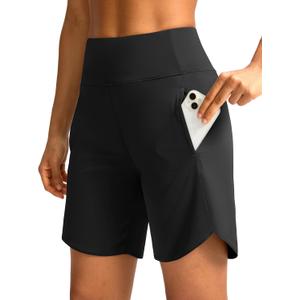 Soothfeel Women's 7" Athletic Running Long Shorts with Pockets High Waisted Bermuda Shorts for Women Workout Walking Casual (Medium, Black)