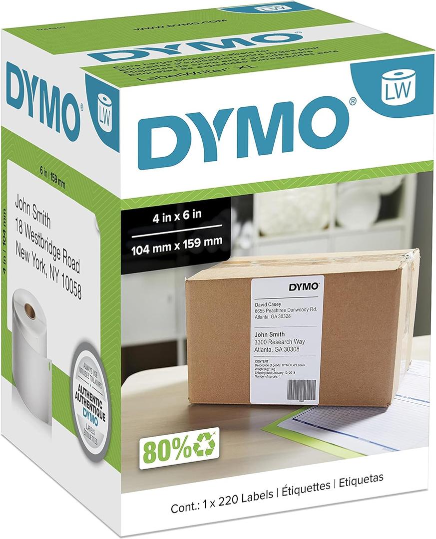 DYMO Authentic LW Extra-Large Shipping Labels DYMO Labels for LabelWriter 5XL and 4XL Label Printers Only White 4" x 6" 1 Roll of 220