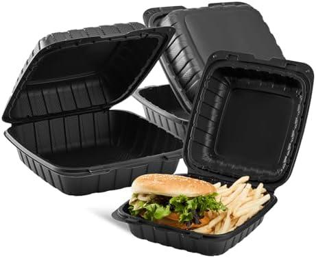 KARAT EARTH Clamshell Take Out Food Containers [8"x8" - 50 ct] To Go Containers | Microwavable, Freezer Safe, Soak-Resistant, Durable, Stackable | Vented for Hot/Cold Foods, Black