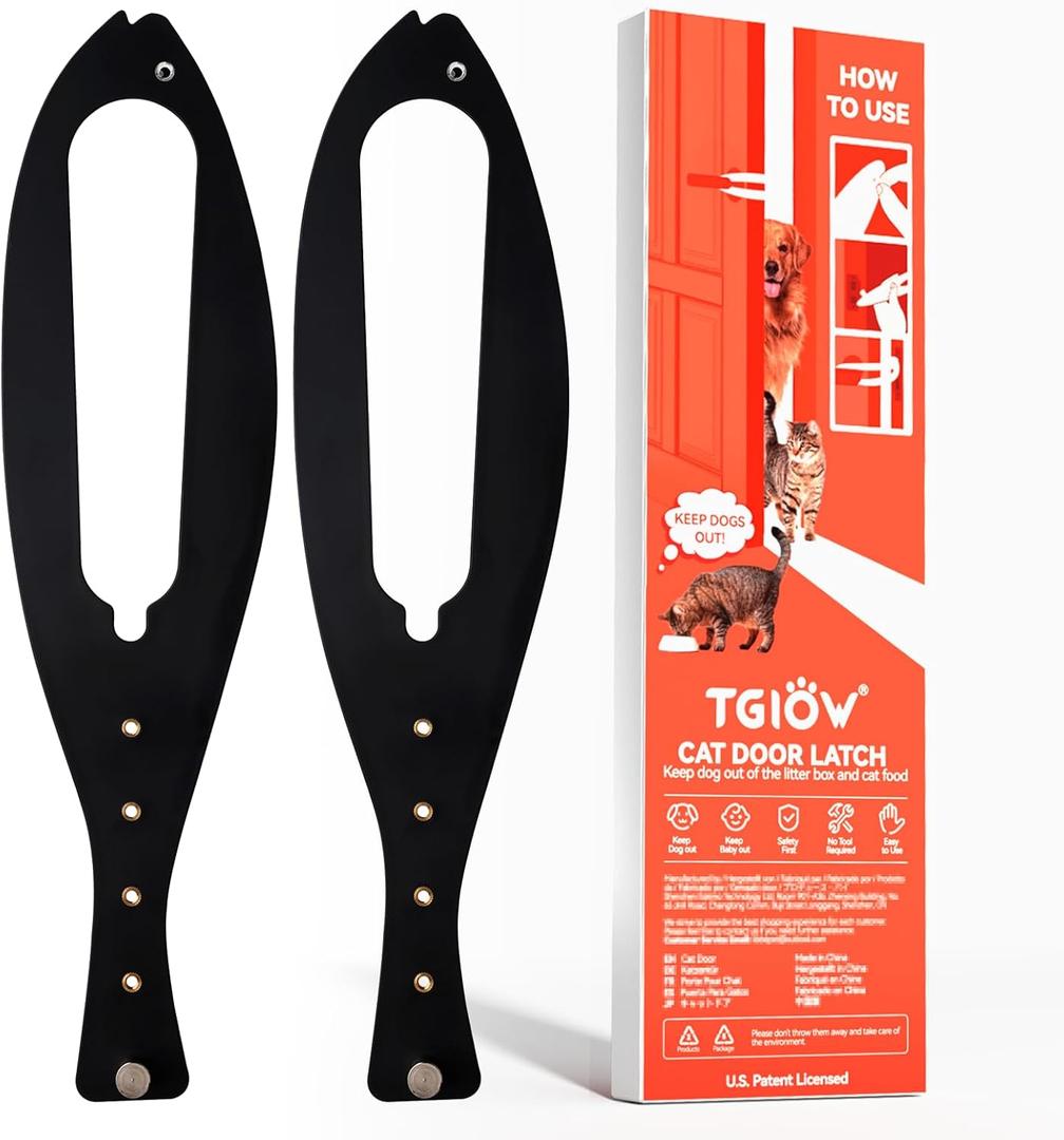 Cat Door Latch, 2 Pcs Cat Door Stopper Pet Door Latch to Keep Dog Out of Litter Box and Food, Door Prop for Cat with 5 Adjustable Size Strap 2.5-6" Wide, No Measuring, Easy to Install, Black
