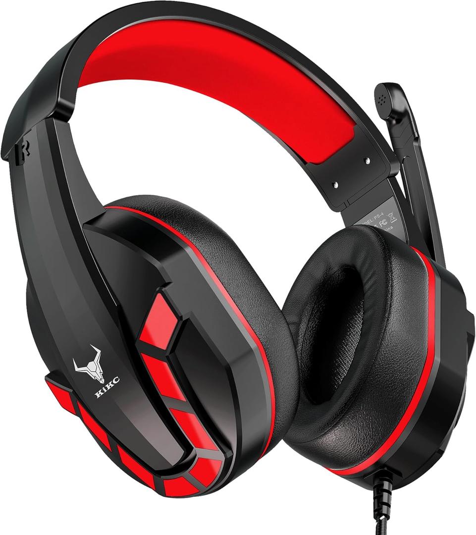 Kikc PS4 Gaming Headset with Mic for Xbox One, PS5, PC, Mobile Phone and Notebook, Controllable Volume Gaming Headphones with Soft Earmuffs for Kid (Red)