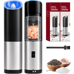 Simple Deluxe Stainless Steel Gravity Electric Salt & Pepper Grinder Set, Battery Powered with Blue LED Light, Adjustable Coarseness, One Hand Automatic Operation, Silver, 2 Pcs