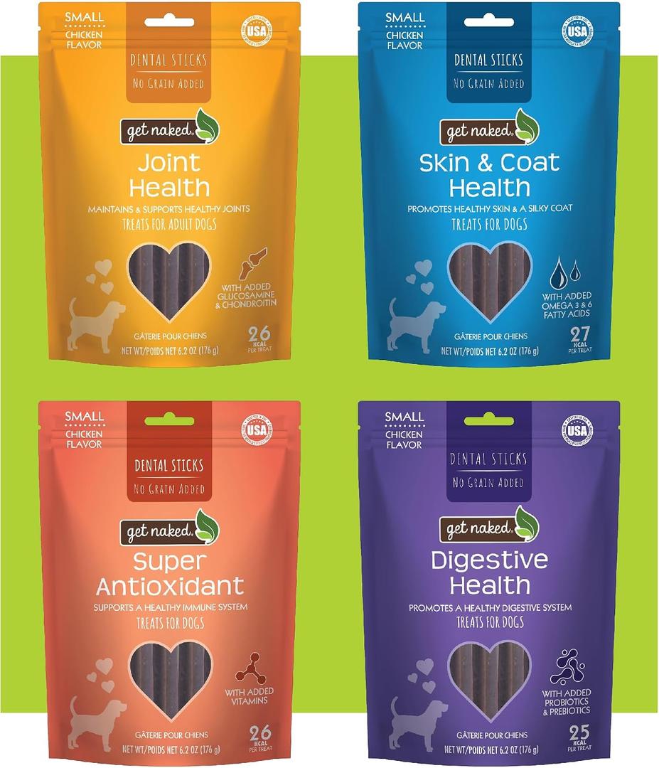 Get Naked Dental Sticks Grain-Free Chicken Flavor Dog Treats Variety Pack, Digestive Health + Skin & Coat + Joint Health + Super Antioxidant, Total 4 Bags, 24.8-oz, 64 Sticks (EXP 09/27/27)