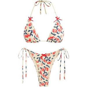 ZAFUL Women's Sexy Halter Bikini Sets Bow Decor Tiny Floral Print Bikini Swimsuits Tie Side Triangle Bathing Suits, Size 6