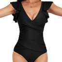 B2prity Women's One Piece Swimsuit Ruffle Slimming Tummy Control Bathing Suit Criss Cross High Waist 1 Piece Swimwear (Medium, Black)