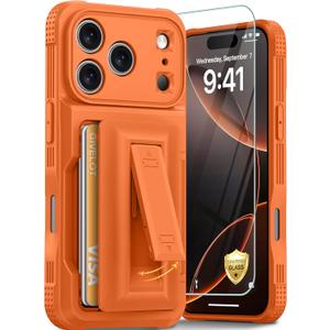 for iPhone 17 Pro Case with Card Holder4-5 Cards[9H Screen Protector ][Full Camera Protection][RFID Blocking][Hidden Kickstand] Rugged Heavy Duty Wallet Case for iPhone 17 Pro(Orange)