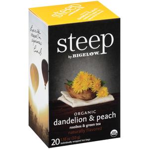 Bigelow Tea Steep Organic Dandelion & Peach with Rooibos & Green Tea Bags, Caffeinated, 20 Count, Pack of 6