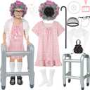 SOMSOC 13 Pcs Old Lady Costume for Kids Girls 100th Day of School Grandma Costume Granny Dress with Shawl Wig for Cosplay (8-10 Years, Pink)