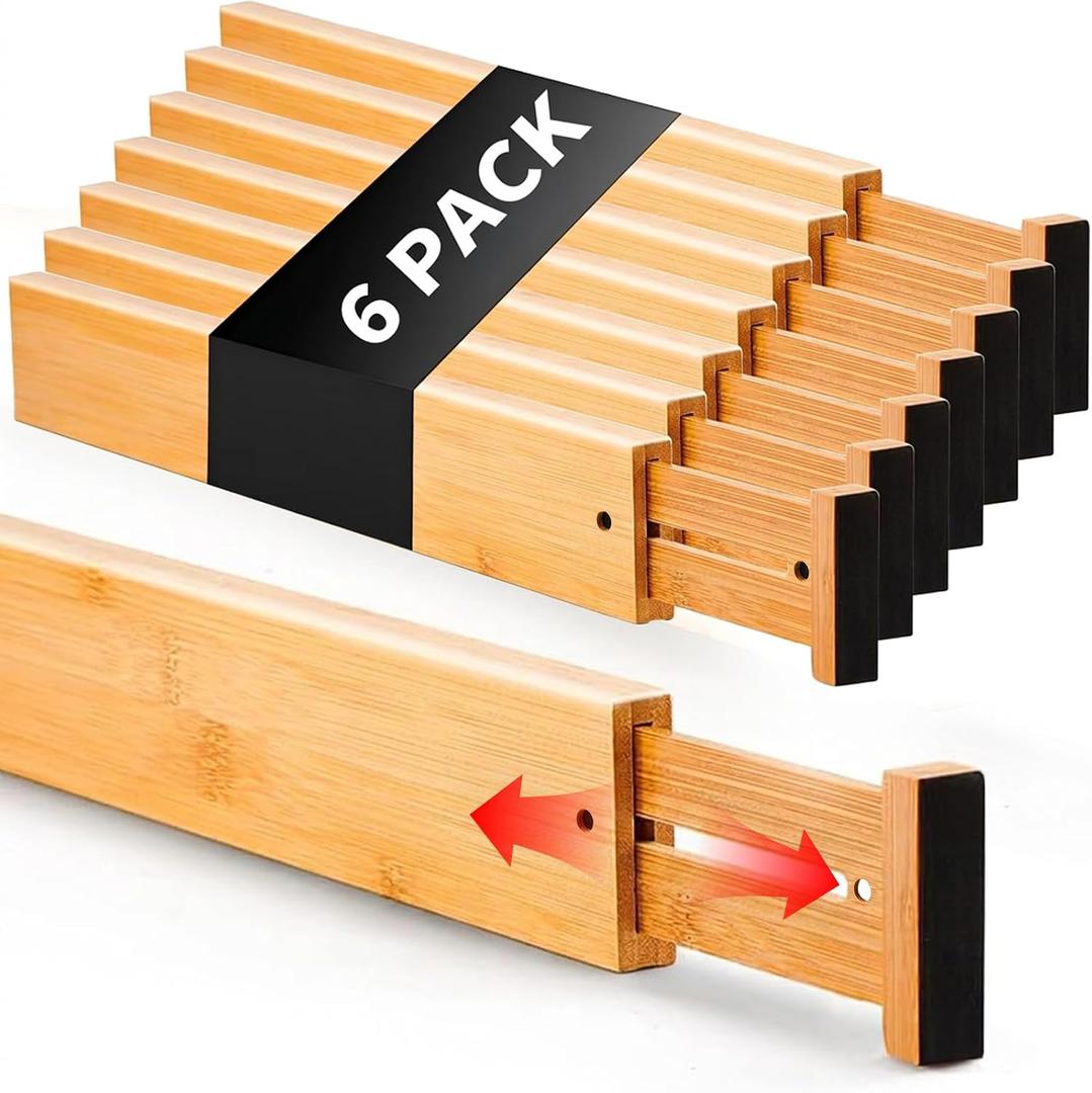 6 Pack Wood Drawer Dividers - Expandable Wooden Drawer Separators
