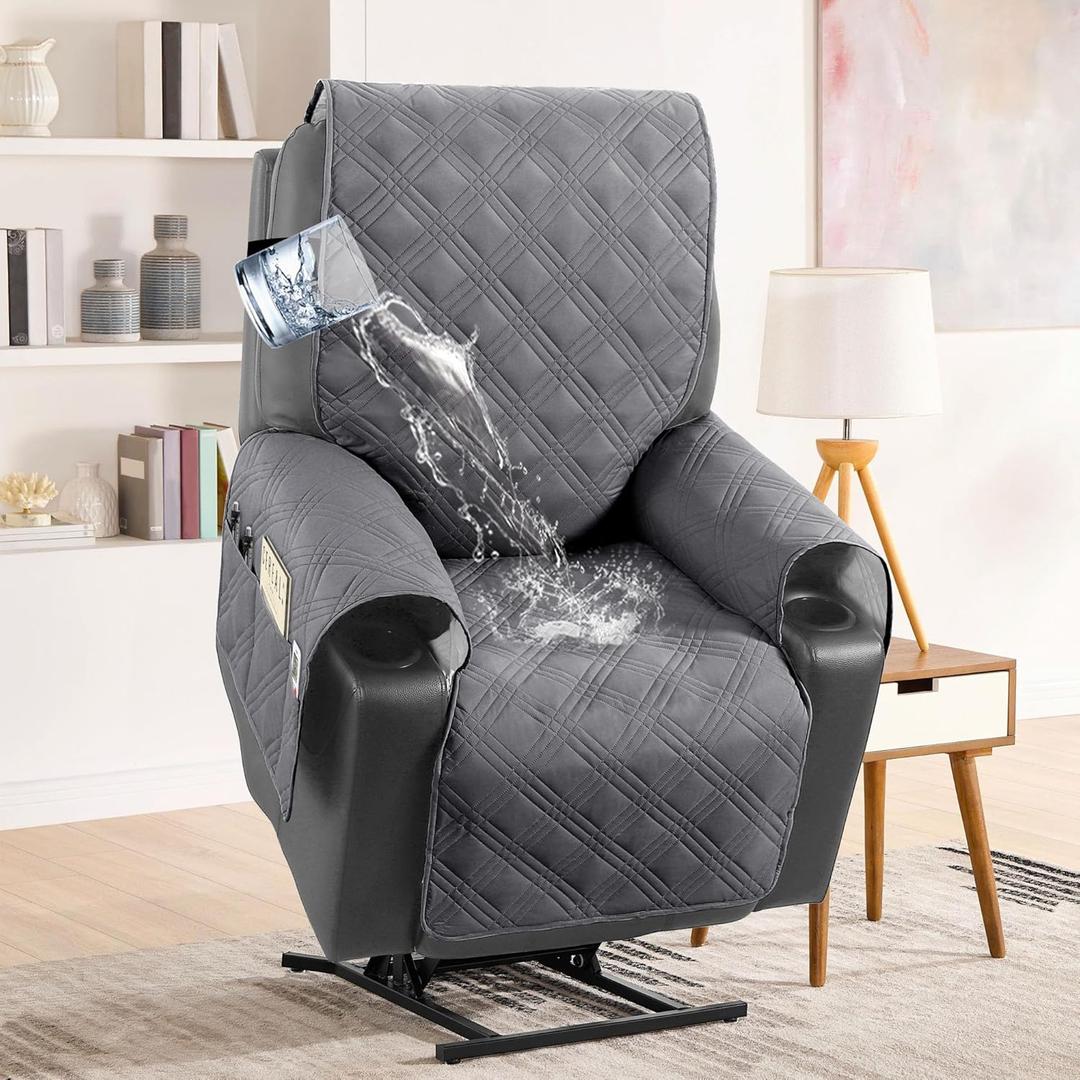 H.VERSAILTEX 100% Waterproof Recliner Chair Cover Nonslip Recliner Cover Stay in Place Electric Power Lift Recliner Slipcovers Fitted Standard Large Power Lift Recliner with Side Pocket,Grey
