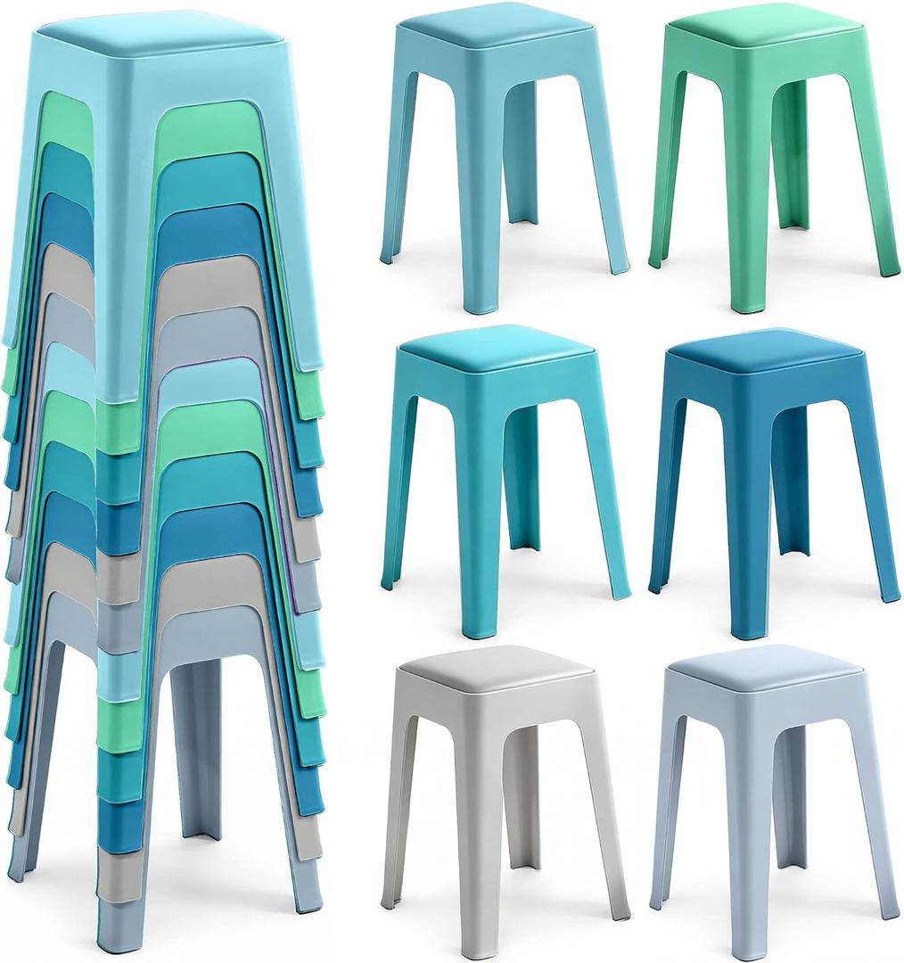 TURSTIN 12 Pieces Classroom Stools with Leather Pad Seats 18 Inch Plastic Stools Portable Backless Bar Chairs Flexible Seating Decorative Stool for Classroom Office Home School, Teal Multi Color