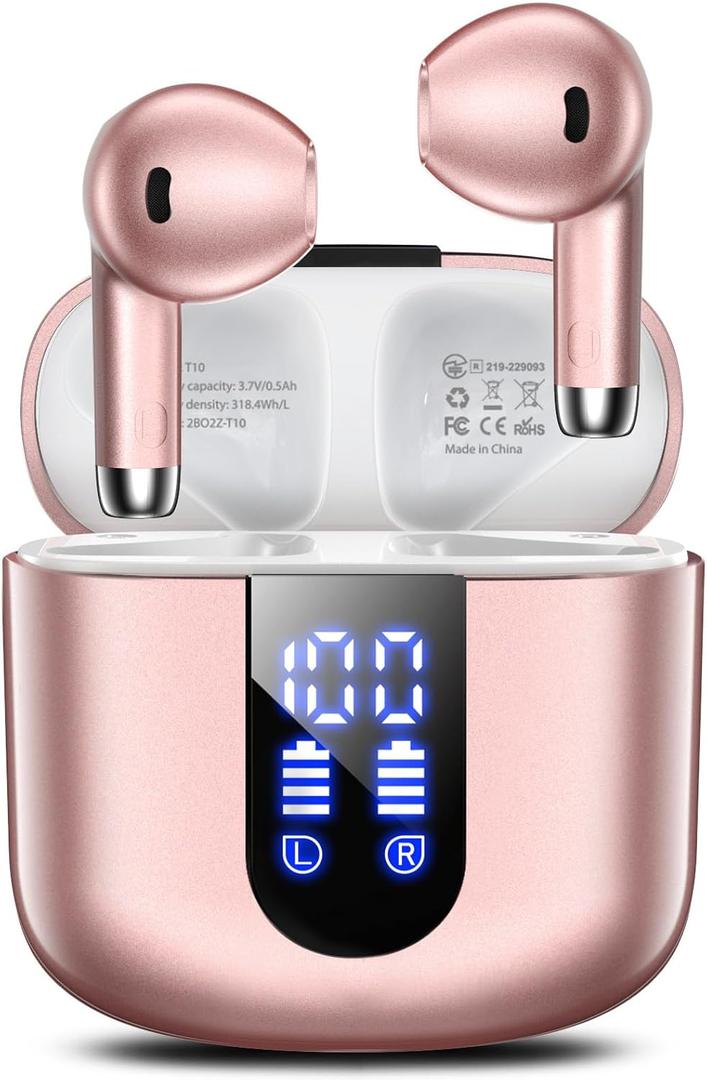 Wireless Earbuds, Bluetooth Headphones with Deep Bass Stereo, 48H Playback Ear Buds with LED Power Display, Lightweight, IPX7, in-Ear Earphones with Mic for iPhone/Android/iPad, Rose Gold