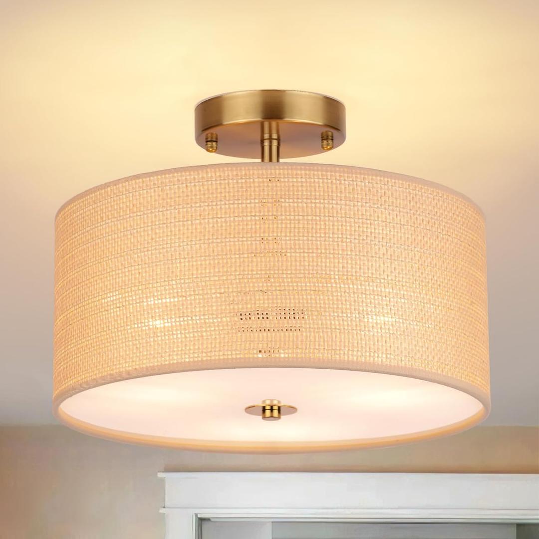 13" Boho Woven Rattan Ceiling Light Fixture, 3-Light Semi Flush Mount Modern Drum Lamp with Beige Fabric Shade, Rustic Lighting for Bedroom, Living Room, Dining Room, Hallway and Entryway (Brown)