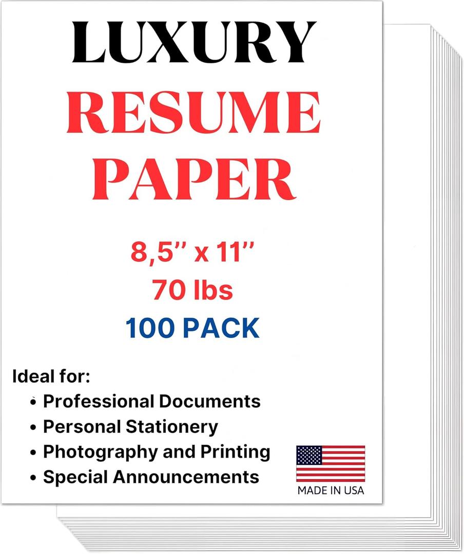 70lb Luxury Resume Paper, Bright White 8.5" x 11" Business Paper | 100 Sheets, Perfect for for Resumes, Letterhead, Invitations, and Professional Documents