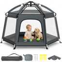 Foldable Baby Playpen with Canopy: Durable 450D Oxford & Aluminum, Gray | Pop-Up Play Tent, Easy Setup, UPF50 Sun Protection, Lightweight, Mosquito Net, for Beach Travel Outside Indoor, for Kid & Pet