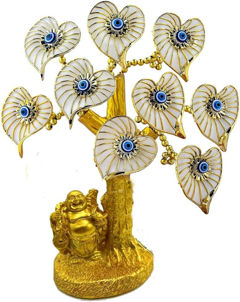 Turkish Evil Eye Tree Statue, Resin Flowers with Buddha Base, Good Luck Home Decor (White Flower)
