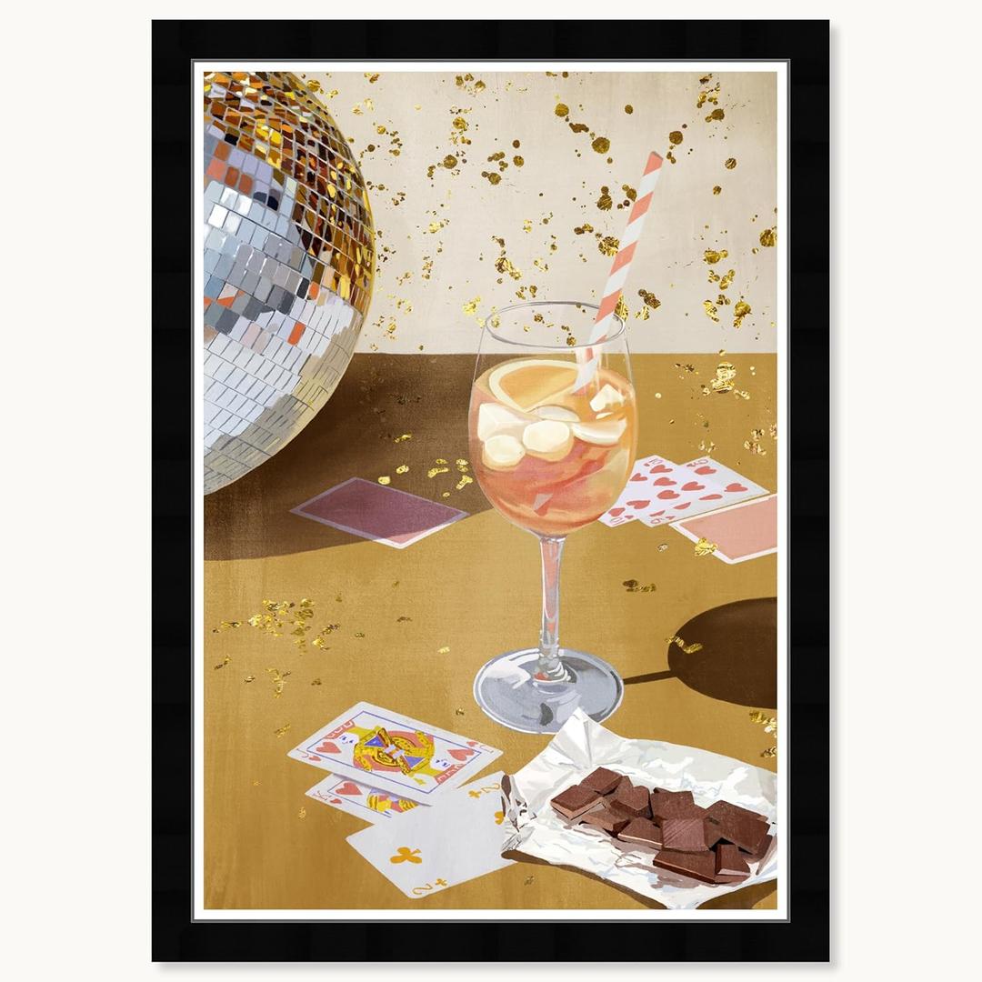 Wynwood Studio Golden Disco Celebration Framed Trendy Fashion Kitchen Art Prints, 15" x 21", Black Satin Flat Frame
