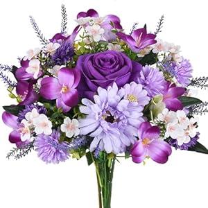 GYWJJ Spring Flowers Artificial Purple Silk Flowers Fake Roses with Chrysanthemum Daisy Spring Floral Arrangement for Easter Wedding Home Table Centerpieces Grave Kitchen Decor (11.71")