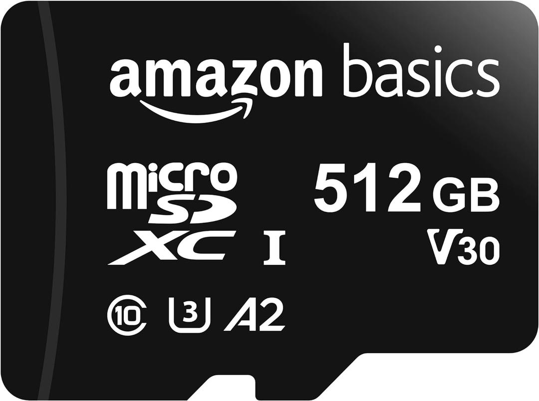 Amazon Basics microSDXC Memory Card with Full Size Adapter, A2, U3, Read Speed up to 100 MB/s, 512GB, Black