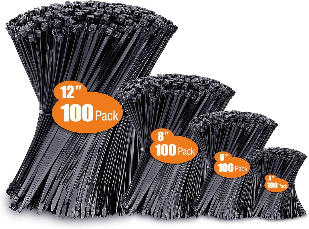 Zip Ties Assorted Sizes(4+6+8+12), 400 Pack, Black Cable Ties, UV Resistant Wire Ties by ANOSON