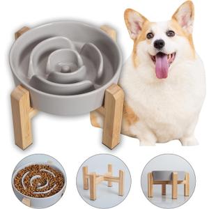 Elevated Slow Feeder Dog Bowl - Ceramic Maze Food Dish with Bamboo Stand - Raised Feeding Bowl for Fast Eaters - Ideal for Small and Medium Dogs - Grey - 6.7 inch (1.25 CUP)