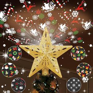 Christmas Tree Topper Lighted with 6 Pattern Projection Patterns, Christmas Star Tree Topper Built-in LED Rotating Lights, 3D Glitter Dynamic Projection for Christmas Tree Decor(Gold)
