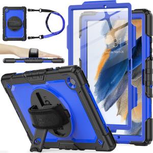 SEYMAC stock Case for Samsung Galaxy Tab A8 10.5'', Full-Body Drop Protection Case with Screen Protector Pencil Holder [360 Rotating Hand Strap] &Stand, Blue+Black