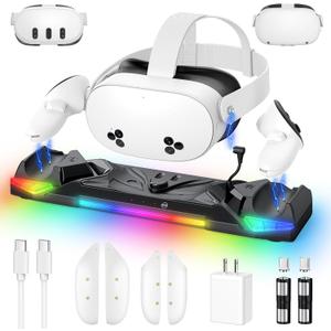 Kinwin 30W Fast Charging Dock for Meta Quest 3S/3/2, Magnetic Charger Station Stand for Oculus Quest 3S/3 Accessories with 11-Color RGB Light, 2 Rechargeable Batteries & Covers for Headset (Black)