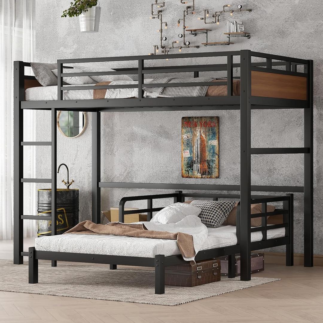 Twin XL Over Twin XL Bunk Bed with Headboard and Full Length Guardrail, Separable Bunk Bed, Heavy Duty Bunk Beds Can Turns Into Loft Bed and Platform Bed, Walnut