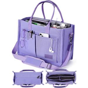 FIORETTO Canvas Tote Bag for Women with Zipper Closure & Individual Compartments for Work College for Teacher & Nurse (Medium, Purple)