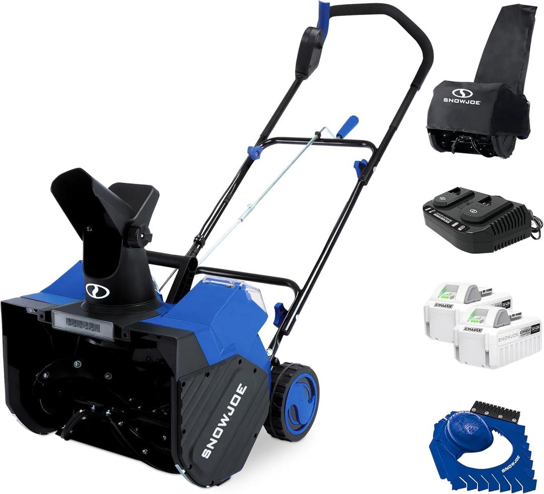 Snow Joe 48V Cordless Snow Blower Kit with Cover, Scraper & LED Headlight, 1200W Brushless Motor, 2x 4Ah Batteries & Charger, 18" Clearing Path - Ice Removal for Driveways & Sidewalks, 24V-X2-SB18-TV1