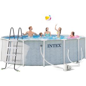 INTEX 26745EP 16ft X 48in Chevron Prism Frame Premium Above Ground Swimming Pool Set with 1500 GPH Filter Pump, Removable Ladder, Ground Cloth, Pool Cover