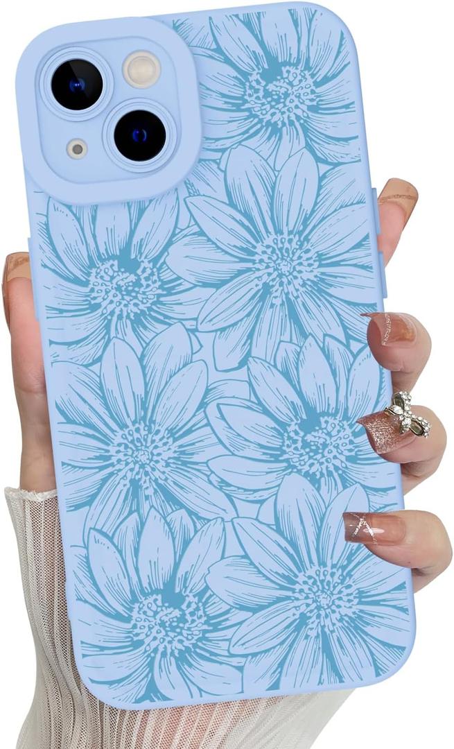 MZELQ for iPhone 15 Case, Silicone Floral Flowers Sunflowers Cute Pattern, Camera Protection Soft Slim Phone Cover for Girls Women -Blue