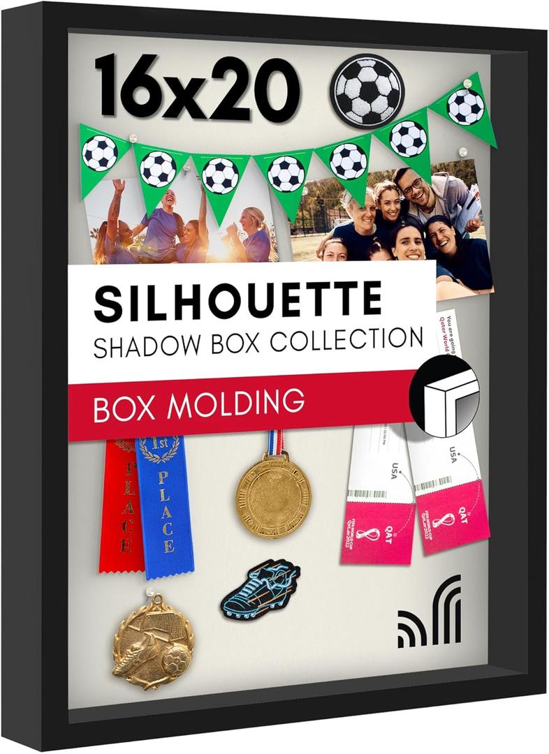 Americanflat 16x20 Shadow Box Frame with Polished Plexiglass - Silhouette Collection - Large Shadow Box Display Case for Tabletop and Wall Display - Black with Soft Felt Back