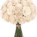 24 Pcs Sola Wood Craft DIY Flowers with Stems Ivory White Wooden Flowers for DIY Wedding Bouquet Centerpiece Bridal Shower Home Decoration