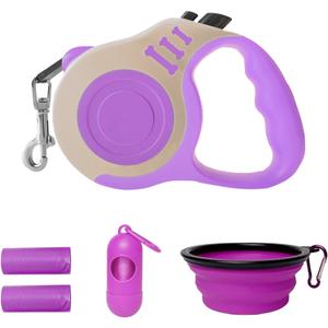 Retractable Dog Leash Automatic Telescopic Tractor Dog Tape, Pet Tape 16 FT Durable and Convenient, with Folding Bowl, Dispenser, Rubbish Bags, Suitable for Small and Medium Dogs (Purple Set)
