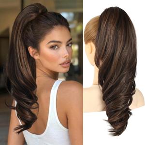 18" Ponytail Extension Clip On Pony Tails Hair Extensions Claw Clip Hair Extensions Ponytail for Women, Long Wavy Ponytail for Quick Hairstyle Change, Perfect for Gym, Travel, and Busy Mornings (Dark Brown with Brown Highlights)