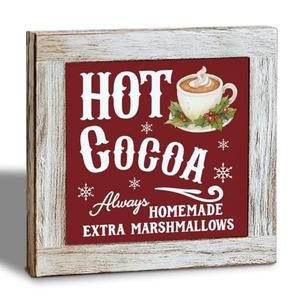 Christmas Hot Cocoa Bar Wood Decor Sign, Hot Cocoa Always Homemade Extra Marshmallows, Rustic Wooden Tabletop Decor, Christmas Home Kitchen Sign for Desk Table Shelf 5.9x5.9 Inches