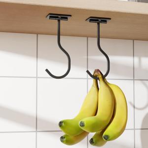 2-Pack Self Adhesive Metal Banana Hanger Hook, Under Cabinet Hook For Kitchen Items, Foldable Banana Hook With Magnets