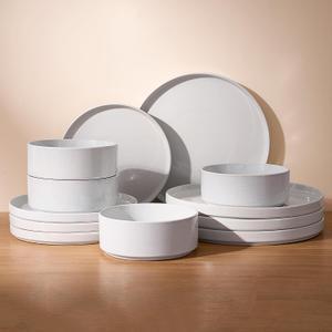 Famiware Nebula Plates and Bowls Set, 12 Pieces Dinnerware Sets, Dishes Set for 4, White