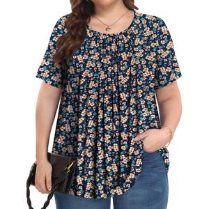 Womens Plus Size Tops Summer Shirts Tunic Short Sleeve Crew Neck Loose Fit Blouse 1X-5X (Blue Four Leaf Flower, 1X)