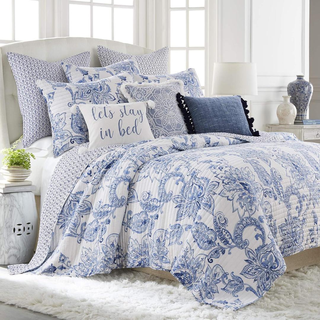 Levtex Home - Bennett Quilt Set - King/Cal King Quilt with Two King Pillow Shams - Floral Paisley - Blue and White - 106x92in and Pillow Sham Size 36x20in - Reversible - Cotton