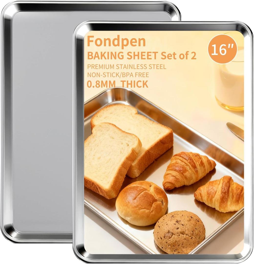 Baking Sheet Set of 2, Stainless Steel Cookie Sheets Baking Sheet Pan, 16 x 12 Inch Thicker and Firmer Baking Pans Set, Non-stick, Non toxic & Heavy Duty & Easy Clean,Dishwasher Safe