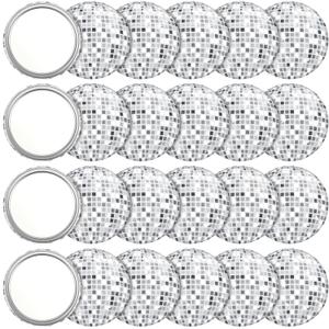Qunclay 24 Pcs Disco Ball Compact Mirror 2.76 Inch Vintage Round Pocket Mirror Makeup Mini Mirror Handheld Portable Mirror for Purse, Women Gift Disco Party Supply Travel Daily (Silver) (Classic Color)