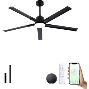 62 Inch Smart Aluminum Ceiling Fan with Alexa and APP,Industrial Ceiling Fan with Light,Dimmable,6 Speed,Quiet Reversible DC Indoor Outdoor Fans for Patios,Living room,Commercial