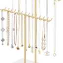 Mkono Necklace Holder Organizer Metal Jewelry Display Stand 2 Tier Bracelet Hanger Gold Tree Tower Rack for Storage Bangles and Earrings Gift for Women Bedroom Dressing Table Decor