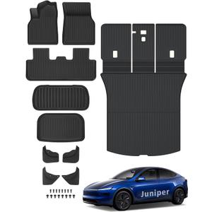 Floor Mats Custom for Tesla Model Y Juniper 2025 2026 5-Seat Cargo Liner with Backrest Mat All Weather TPE Full Set with Front Trunk Mat Rear Cargo Liner & Mud Flaps for Juniper Accessories, Black