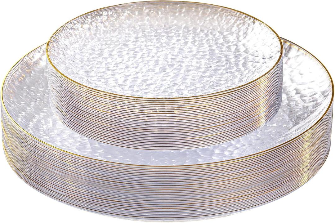 SUT 36Pcs Clear Plastic Plates, Hammered Plates Disposable Heavy Duty, Clear Disposable Plates With Gold Rim, Fancy Plastic plates Include 18 Dinner and 18 Dessert plates for Wedding